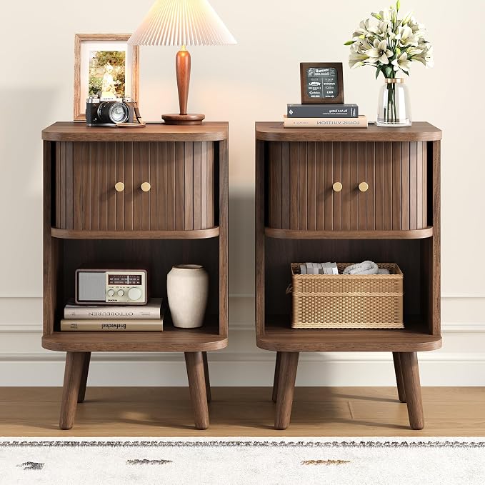 Decofy Fluted Nightstand Set of 2, Charging Station & Sliding Doors, Walnut | Open Shelf, Space-Saving, Concealed Cabinet Storage, Mid Century Modern Bedside Tables, Bedroom End Tables