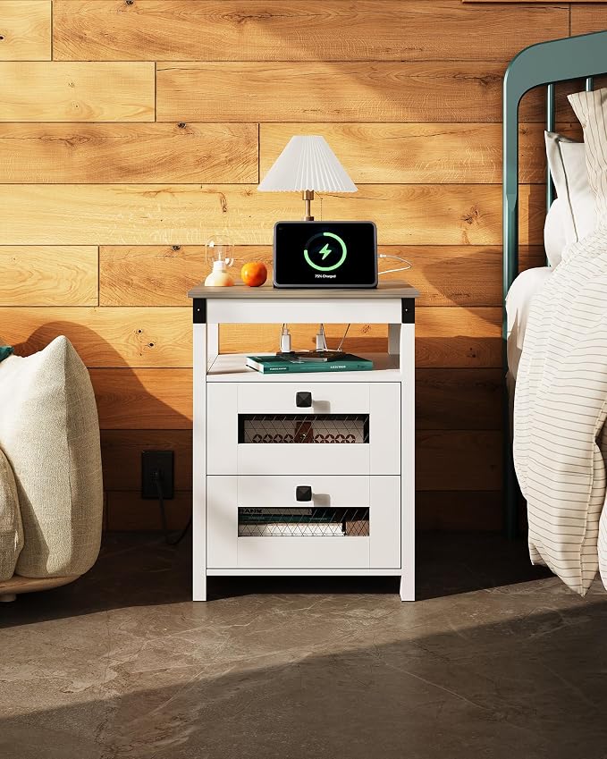 WLIVE Nightstand with Charging Station, Farmhouse End Table, Bed Side Table with 2 Storage Drawers and Open Shelf, Wood Rustic Nightstands for Bedroom, White and Greige