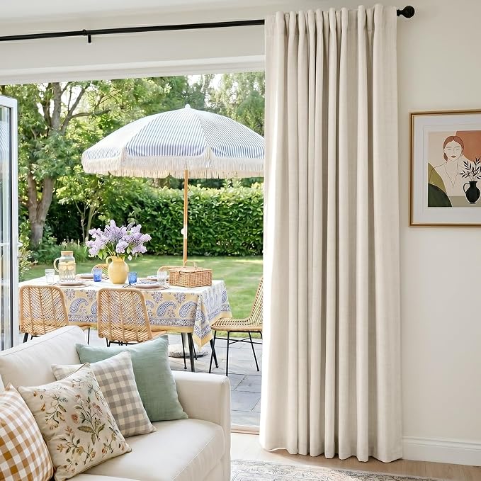 INOVADAY Extra Wide 100% Blackout Linen Curtains for Bedroom 102x108 Cream | Linen Textured, Light Blocking, Room Darkening, Thermal Insulated, Back Tab Top, Window Curtains for Sliding Door, 1 Panel