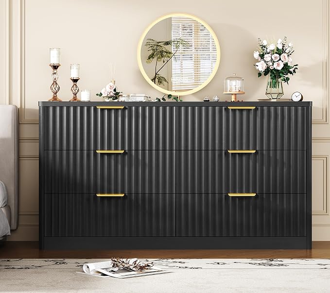 Fluted 6 Drawer Dresser for Bedroom, Wide Modern Chest of Drawers with Metal Handle, Curved Profile Design, Wood Closet Clothes Storage Organizer for Bedroom, Living Room, Hallway, Black