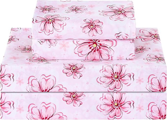 Softan Pink Floral Queen Sheet Set, Cozy Printed Microfiber Bed Fitted Sheets with 15" Deep Pocket & Non-Slip Corner Straps, Cherry Blossom Watercolor Flower Patterned Sheets & Pillowcase Set