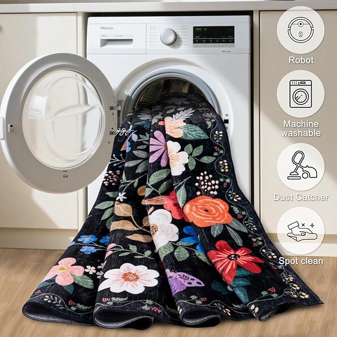 PLHXFR 2.6x8 Washable Runner Rug：Floral Indoor Kitchen Soft Carpet Black | For Hallway Bedroom Kitchen Laundry Bathroom Dorm,Vintage Floral,Machine washable,Non Slip,Stain Resistant,Indoor Floor