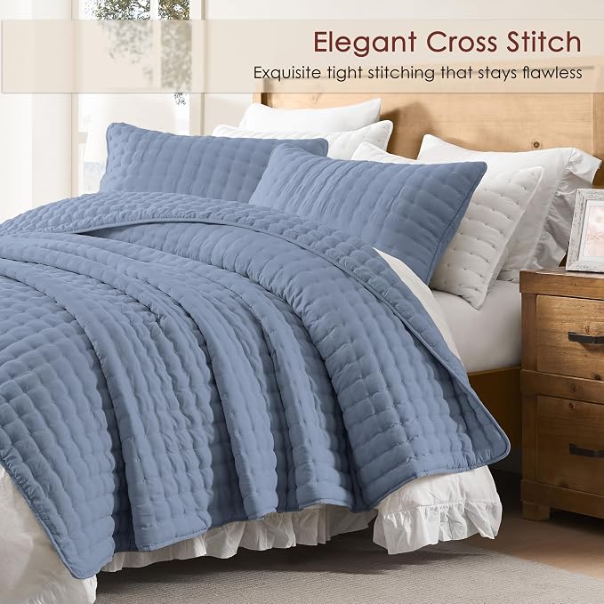 WDCOZY Dusty Blue Cloud Quilt Set Queen Size, Lightweight Soft Cross Stitch Bedspread, Farmhouse Rustic Country Coverlet, Spring Summer Thin Comforter, 3 Pieces, 2 Pillow Shams, 90x90 inches