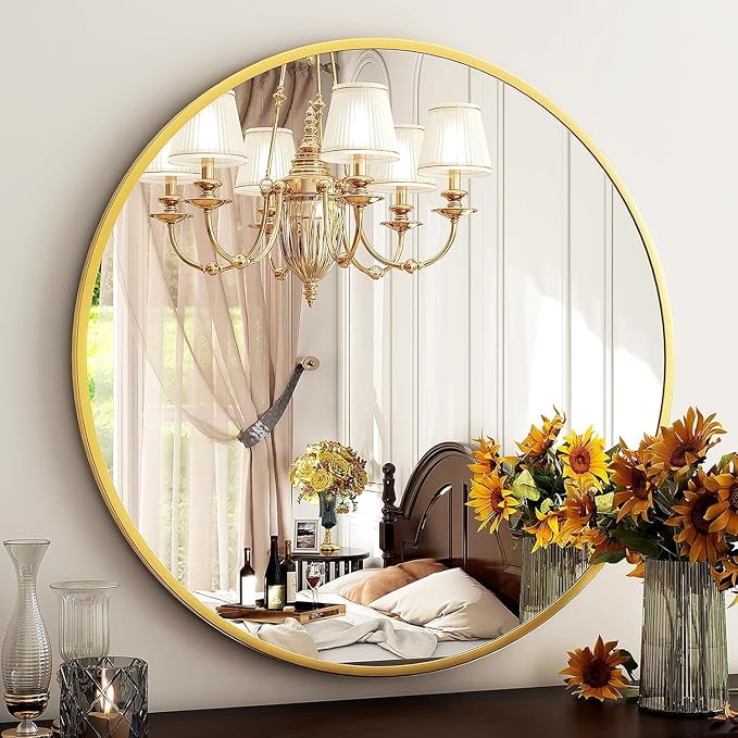 HARRITPURE 28" Round Mirror Gold Bathroom Circle Wall Mirror | Brushed Aluminum Alloy Frame Modern Decor for Living Room, Vanity, Bedroom, Entryway