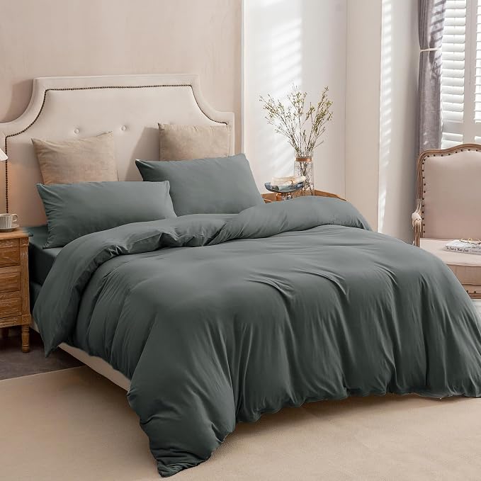 PURE ERA Jersey Knit Sheet Set Solid Dark Greenish Gray Twin | 100% Cotton, 3 Piece Set, T Shirt Soft, Breathable, Envelope Closure Pillowcases, Hidden Zipper, 8 Ties, No Insert, Modern