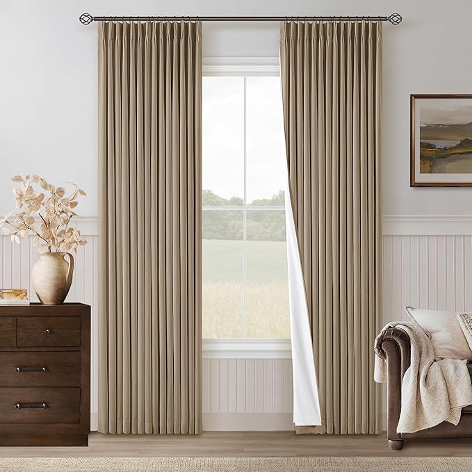 Light Brown Pinch Pleated 100% Blackout Linen Curtains 84 Inch Length 40x84 | Room Darkening Black Out with Liner, Noise Reducing, Pleat Back Tab, Tan Coffee Window Curtains, for Living Room Bedroom