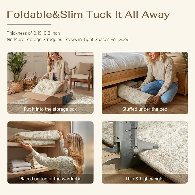 5x7 Beige Neutral Floral Living Room Area Rug | Washable, Soft, Non Slip, Low Pile, Distressed, Carpet for Bedroom Dining Room Nursery Office Indoor Home Decor