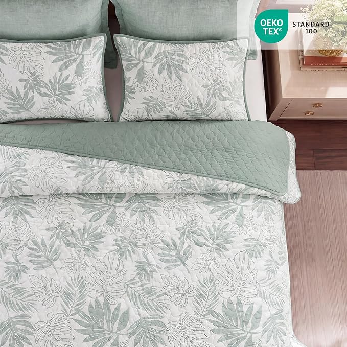 BLOOMHAVEN King Quilt Set-3 Pieces Soft Bedding Floral Reversible Coverlet | All Seasons Lightweight Quilts Queen Size for Bed, Breathable Vintage Bedspread with Shams, Green Leaf