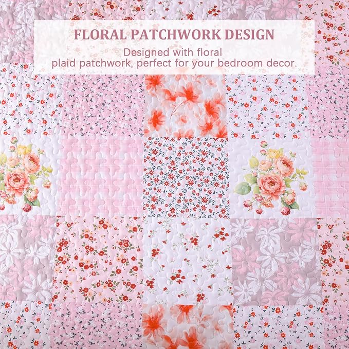 Mybedsoul Pink Quilts Queen Size, Patchwork Floral Reversible Bedding Set | Soft Lightweight Microfiber Coverlet Set, 3 Pieces Plaid Bedspread, Bed Sets for All Seasons 96"x90"