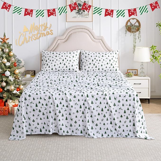 Softan Christmas Holiday Microfiber Twin Sheet Set with Non-Slip Straps | 15" Deep Pocket Fitted Bed Sheets, Printed Sheets, Green Reindeer Pattern, Single Sheets & Pillowcase Set for All Season