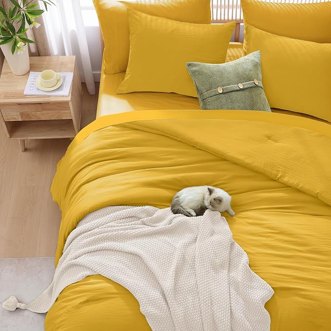 Queen Comforter Set-7 Pieces Soft Prewashed Bed in a Bag Queen Bedding Sets | All Season Comforter with Sheets, Pillow Shams & Pillowcases,Yellow