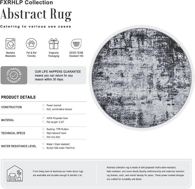 Round Area Rug Living Room: 4 ft Modern Washable Carpet Dark | For Bedroom Dining Room Farmhouse Nursery Hallway Office,Modern Abstract,Machine washable,Non-Slip,Stain Resistant,Indoor