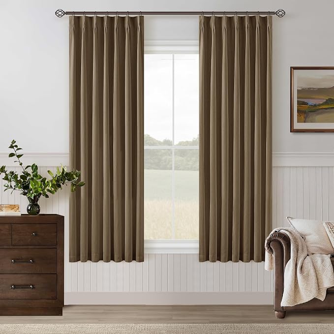 Dutch Cocoa 100% Blackout Pinch Pleated Linen 63 Inch Curtains with Liner | Memory Trained, Thermal Insulated, Heat Blocking, Black Out Curtains for Small Window Dining Room Bedroom 2 Panels W40xL63