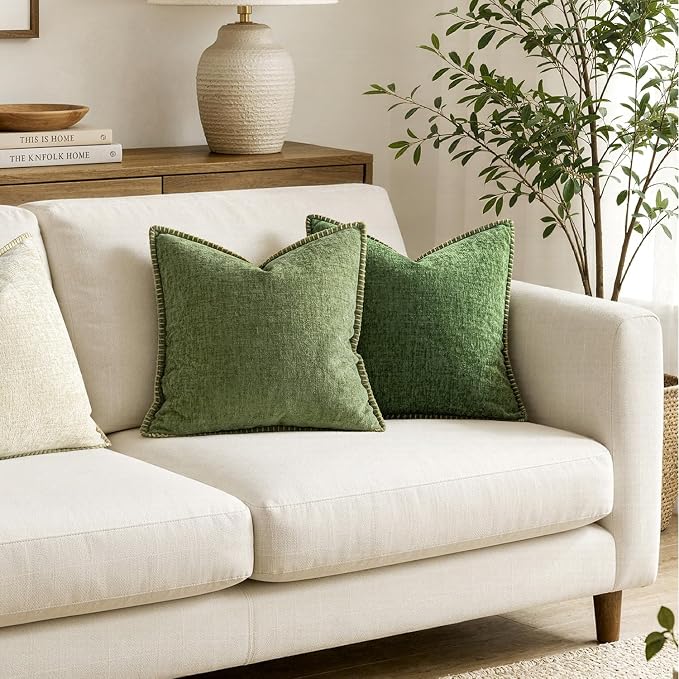 MIULEE Decorative Couch Throw Pillow Covers 22x22 Inch Sage Green 2 Pack | Farmhouse Pillow Covers with Stitched Edge, Soft Chenille Cushion Cases, for Sofa Bed Living Room Home Decor