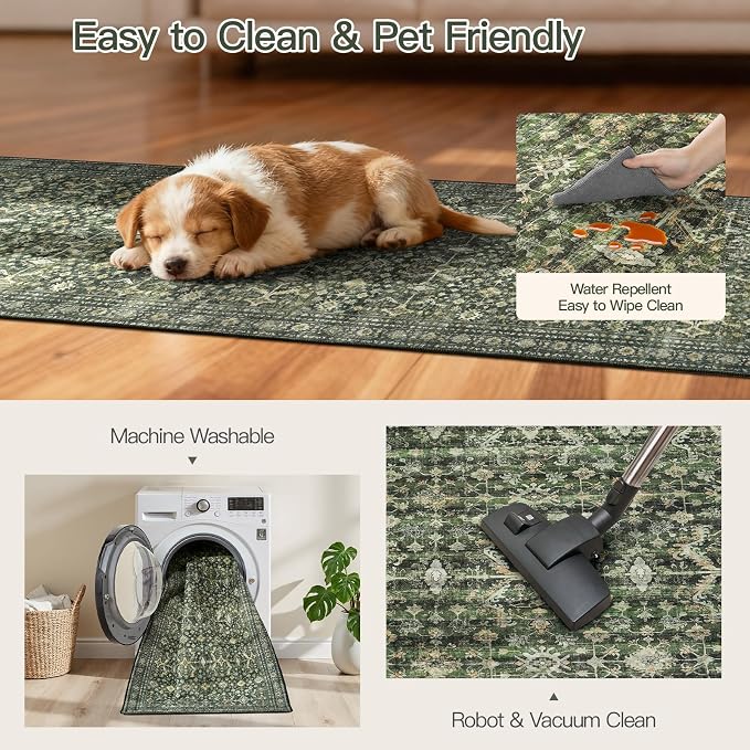 2'6"x14' Area Rugs for Hallways, Green Washable Non-Slip Kitchen Runner Rug | Low Pile Runner Rugs, Soft Carpet for Kitchen Bathroom Bedroom Laundry, Stain Resistant Foldable Vintage Distressed Rug