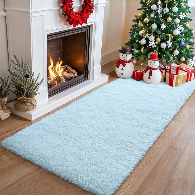 Soft Fluffy Rugs for Bedroom Living Room, 2x6 Hallway Runner Rugs, Furry Shag Bedside Area Rug Indoor Accent Floor Carpet, Plush Fuzzy Rug for Dorm Nursery Kids Room Decor, Baby Blue