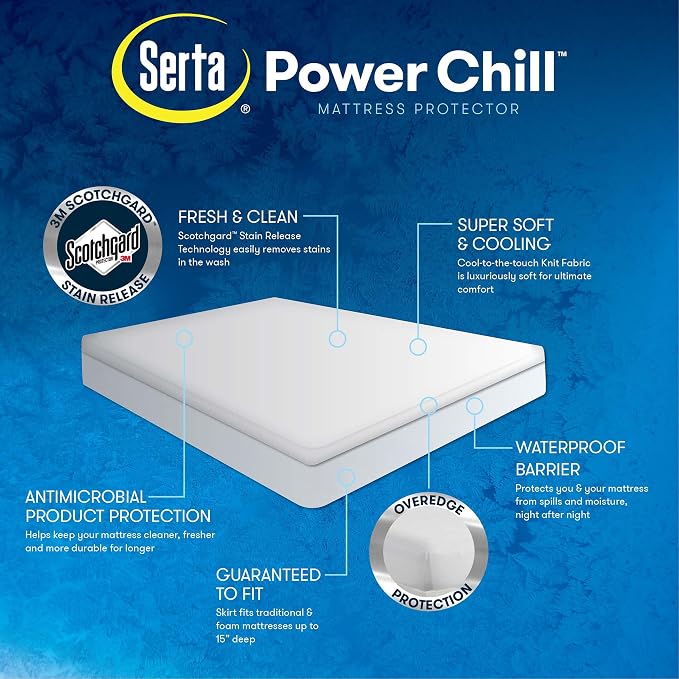 Serta Power Chill Waterproof Mattress Cover, Soft and Breathable Cooling Mattress Protector, 15" Elastic Deep Pocket for Secure Fit,White, Twin XL (Pack of 4)