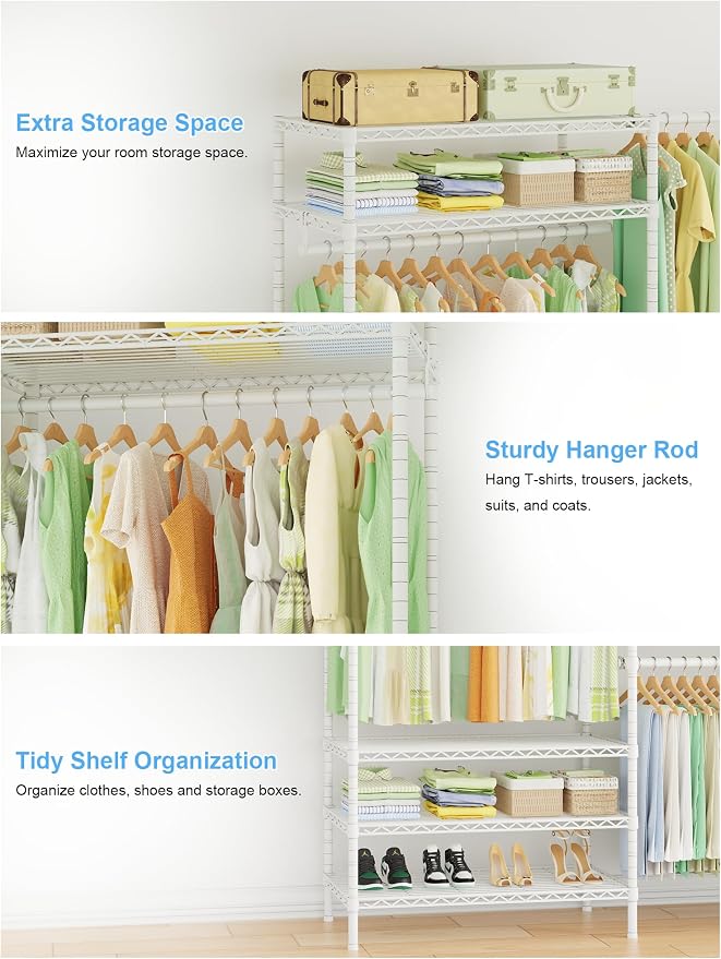 Ulif E11 Heavy-Duty Garment Rack, Metal Clothes Rack, Load 1034lbs, White | Freestanding Expandable Closet Storage Organizer System with 8 Shelves and 4 Hanger Rods, (73.2-97.6)"W x 14.5"D x 71.2"H