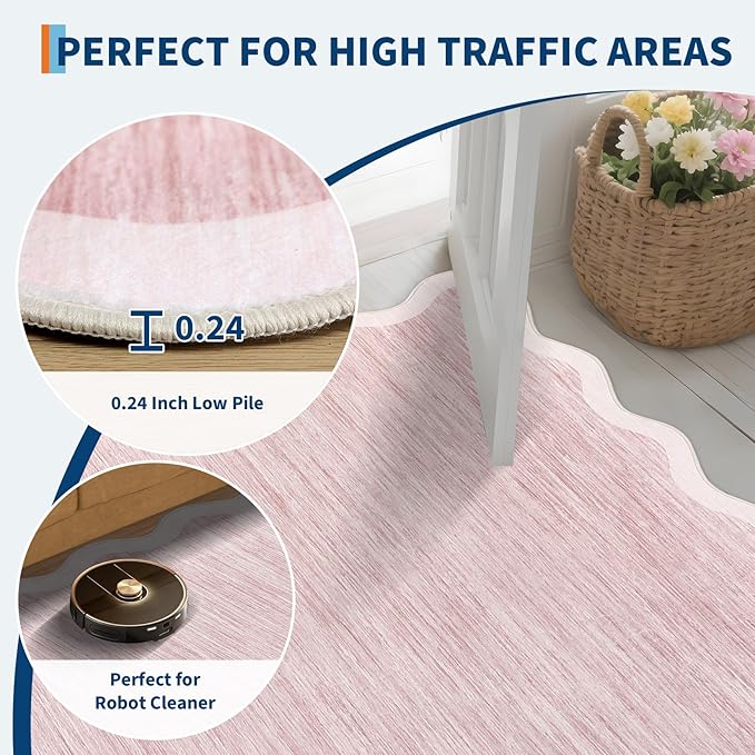 GarveeHome Scalloped Washable Area Rug 4x6 Entryway Rug Non Slip, Pink | Modern Abstract Soft Accent Rugs for Bedroom Nursery Low Pile Stain Resistant Carpet for Office