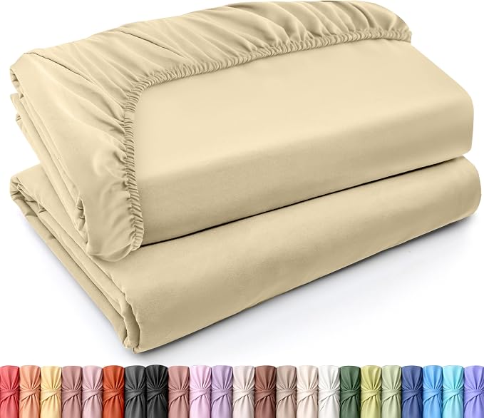 Pack of 2 Twin XL Fitted Sheet, Fits Up to 16 Inch Deep Pocket, Beige | Hotel Comfort, Cooling & Breathable Cotton like Polyester, Easy Fit, Wrinkle & Fade Resistant, Snug Fit, Easy Care, Oeko-Tex