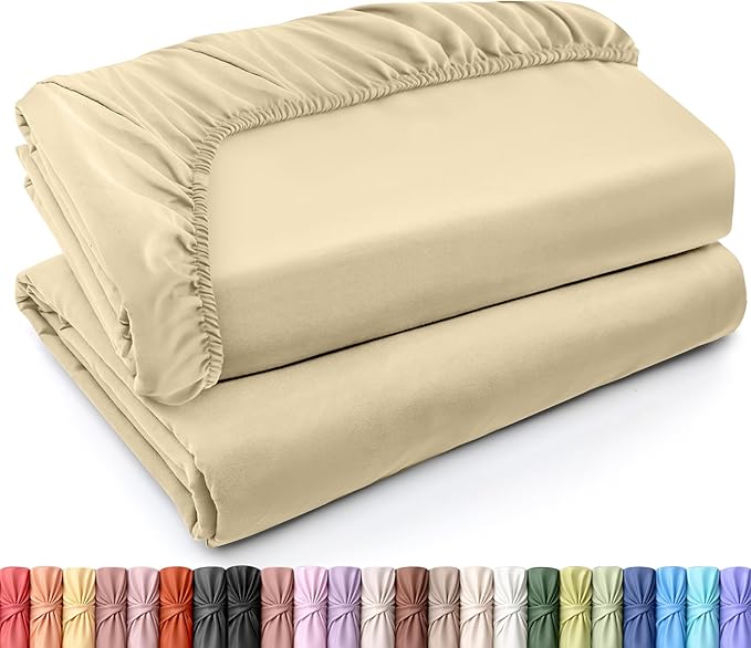 Pack of 2 Queen Fitted Sheet, Fits Up to 16 Inch Deep Pocket, Beige | Hotel Comfort, Cooling & Breathable Cotton like Polyester, Easy Fit, Wrinkle & Fade Resistant, Snug Fit, Easy Care, Oeko-Tex