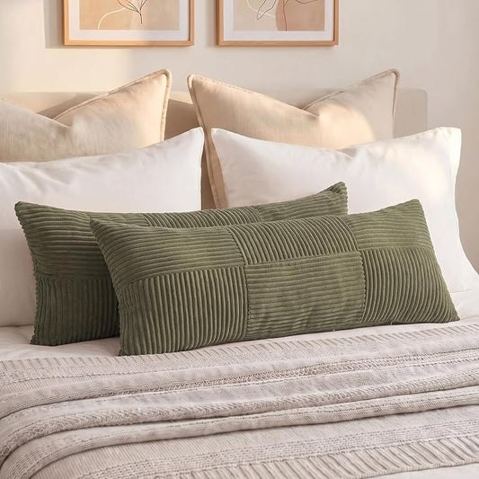 Fancy Homi Set of 2 Olive Green Boho Long Lumbar Body Decorative Throw Pillow Cover 14x36 Inch for Bed Couch Bedroom Bench, Soft Patchwork Corduroy Textured Pillow Case, Rustic Farmhouse Room Décor