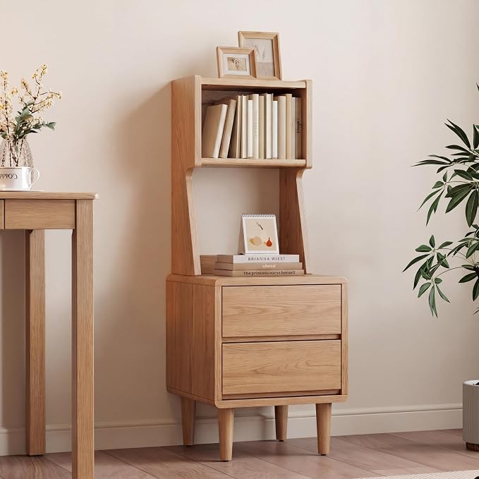 Solid Wood Bookshelf Nightstand Combo, Tall Nightstand with Bookshelf | Oak Nightstand Bookshelf,Solid Wood Nightstand with Drawers,Open Shelf Bookcase,for Bedroom,Living Room,Offices