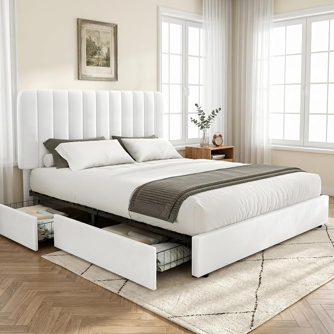 VECELO Queen Size Upholstered Bed Frame with 4 Drawers and Headboard, Velvet Platform Storage Bedframe, Wooden Slats Support, No Box Spring Needed,White