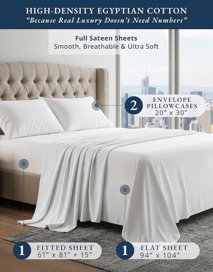 LANE LINEN Full Size Sheets 100% Egyptian Cotton Sateen - White | Full Size Bed Sheets - 4-Piece Set, For Guests And Everyday Use, For A Silky Hotel-Style Bed, Guest-Ready Comfort