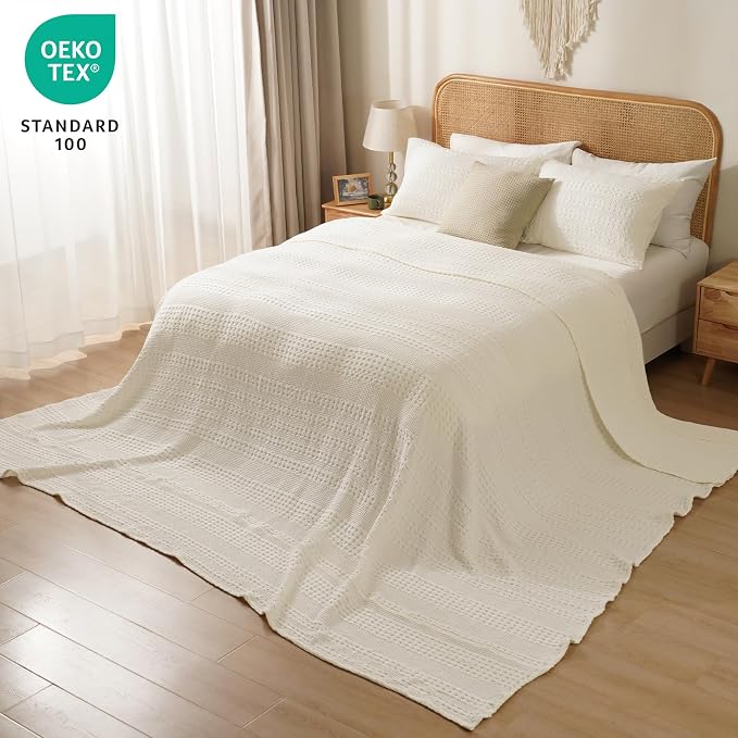 PHF Lightweight 100% Cotton Waffle Blanket, Oversized King, Ivory | Pre-Washed Soft Cotton Comfor, Extra Large 10'x10' Blanket, Giant Big Luxury Aesthetic Woven Bedding for Home Decor