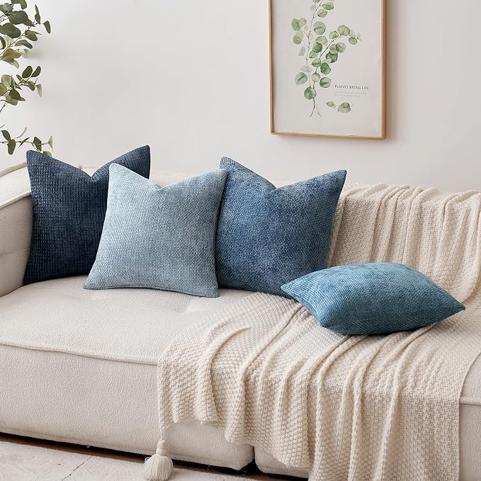 MIULEE Decorative Couch Throw Pillow Covers 18x18 Inch Coastal Blue 2 Pack | Coastal Modern Boho Accent, Soft Chenille Pillow Covers, Farmhouse Cushion Cases for Home Decor Bed Sofa Living Room