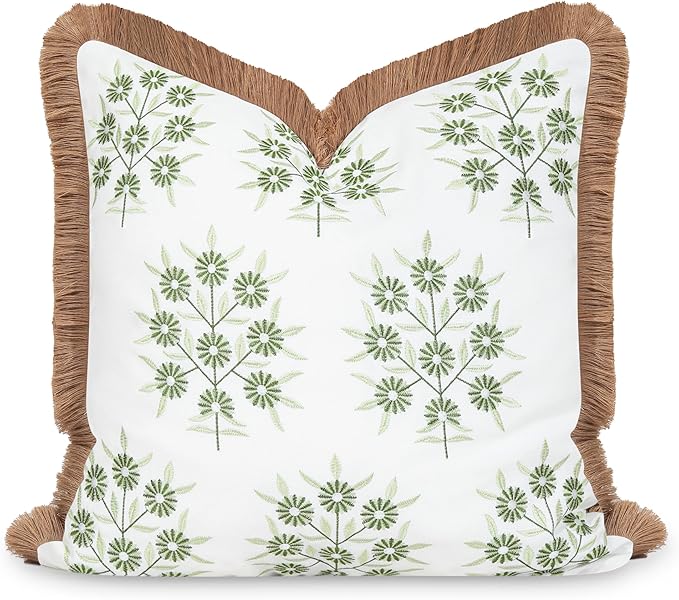 Hofdeco Premium Coastal Patio Indoor Outdoor Throw Pillow Cover Only, 20"x20" Water Repellent for Backyard, Couch, Green Embroidered Floral with Fringe