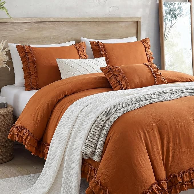 Bedorm Ruffled Twin Duvet Cover Burnt Orange Bedding Set Rust Lace Ruffle Boho Chic Bedroom Decor Super Soft Breathable Pumpkin Duvet Cover Set French Country Style