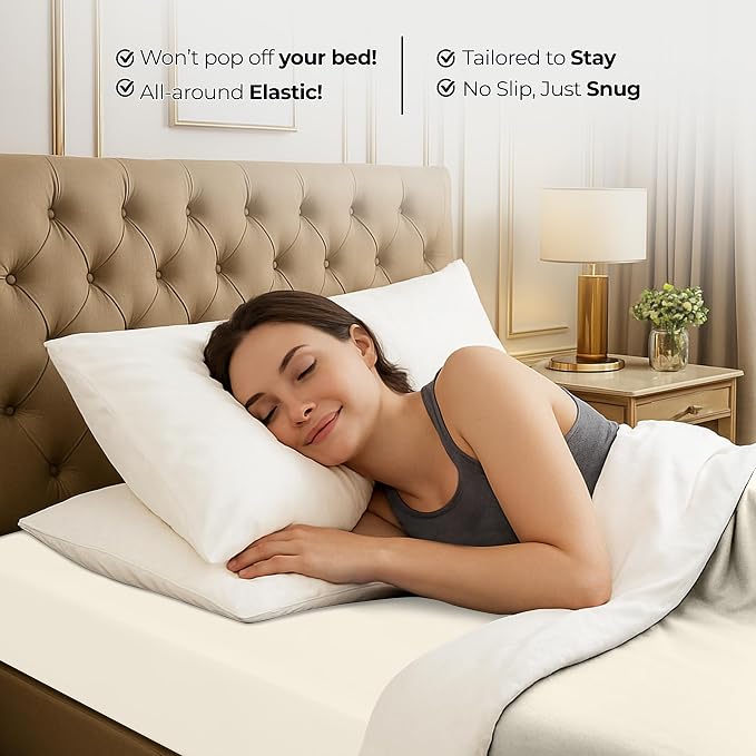 Queen Fitted Sheet, Ultra Soft Fits Up to 16 Inch Deep Pocket, Ivory | Hotel Comfort, Cooling & Breathable Cotton like Polyester, Easy Fit, Wrinkle & Fade Resistant, Snug Fit, Easy Care, Oeko-Tex