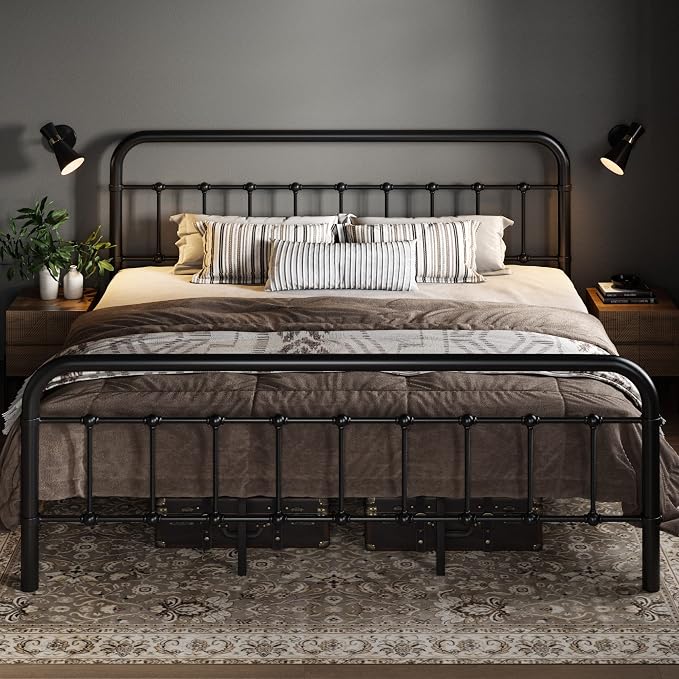 Allewie King Metal Bed Frame with Victorian Iron-Art Headboard, Black | Victorian Style Wrought Iron-Art Headboard/Footboard, Easy Assembly, Under Bed Storage, No Box Spring Required