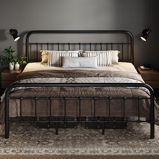 Allewie King Metal Bed Frame with Victorian Iron-Art Headboard, Black | Victorian Style Wrought Iron-Art Headboard/Footboard, Easy Assembly, Under Bed Storage, No Box Spring Required