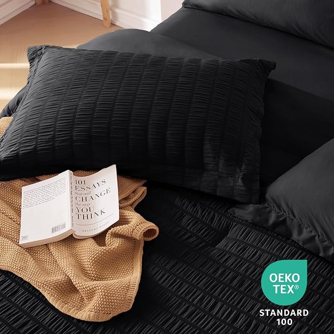 7 Pieces Queen Comforter Set, Seersucker Bed in a Bag Queen Size, All Season Luxury Bedding Set with Comforter, Flat Sheet, Fitted Sheet, Pillowcases & Shams, Black