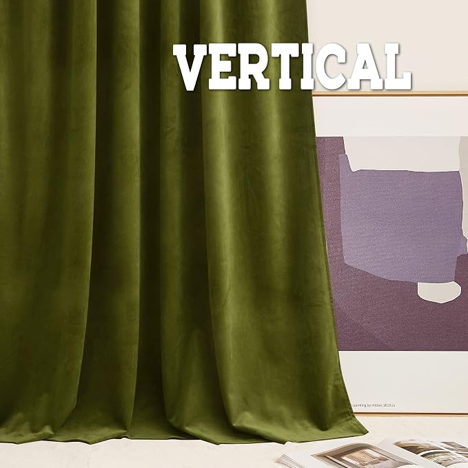 RYB HOME Velvet Curtains 96 inches Long for Sliding Patio Door | Thermal Insulated, Privacy UV Heat Blocking, Back Tab, Room Divider for Space Separation, W62 x L96, Moss Green, 2 Panels