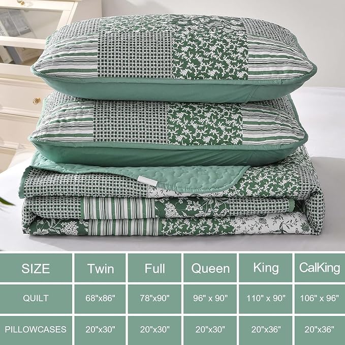 Mybedsoul Boho Quilt King Size, Patchwork Floral Bedding Set, Green | Soft Lightweight Microfiber Coverlet Set, 3 Pieces Plaid Reversible Bedspread, Bed Sets for All Seasons 90"x110"