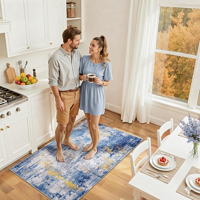 RELEANY Washable 3'x5' Abstract Area Rug for Living Room Blue Gold | Carpet for Bedroom, Kitchen, Office, Hallway and Entryway, Printed Pattern, Non‑Slip, Soft, Stain‑Resistant, Easy to Clean