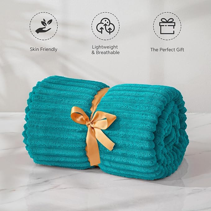 BEDELITE 3D Ribbed Ocean Blue Fleece Twin Blanket for Couch, 60x80 Inch | Soft Warm Fluffy Blanket for Bed Sofa College Dorm Room Decor, Luxury Cozy Plush Birthday Gifts for Women Girls, Lightweight