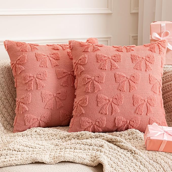 MIULEE Coral Red Bow Pillow Covers Coquette Room Decor 20x20 | Aesthetic Decorative Cute Girl,Set of 2 Cushion Covers,Soft Plush Faux Pillowcases,Preppy Room Decor Bedroom Couch