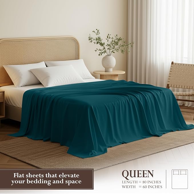 Queen Size Flat Sheet Only, Ultra Soft & Breathable Hotel Sheets, Teal | Hotel Bedding, Cooling Comfort, Smooth Feel, Wrinkle & Fade Resistant, Easy Care, Long-Lasting, Machine Washable, OEKO-TEX