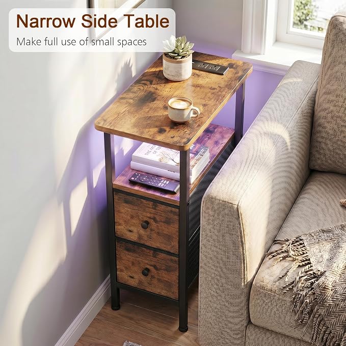 LOAKEKEL Narrow End Table with Charging Station, Small Nightstand | Skinny Side Tables Living Room with 2 Fabric Drawers, Bedside Table with LED Lights for Bedroom, Small Spaces, Rustic Brown