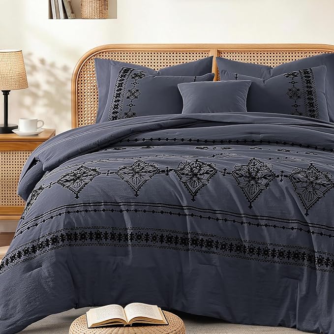 MaiRêve Full Size Comforter Set Embroidery Floral 7 Pieces Bed in a Bag | Crown Blue Boho Farmhouse Bedding Sets with Comforter, Sheets, Pillowcases & Shams