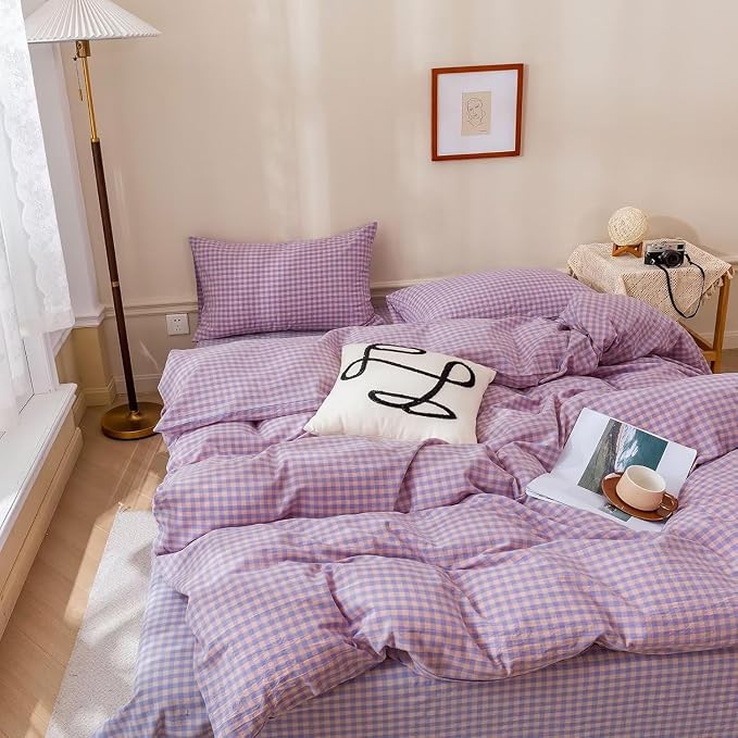 mixinni Purple Gingham Grid Duvet Cover Queen, 100% Washed Cotton Modern Geometric Bedding Set with 2 Pillowcases, Farmhouse Style Yellow Plaid Comforter Cover Set for Men & Women, Soft & Lightweight