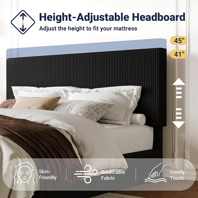 Allewie King Bed Frame, Adjustable Corduroy Headboard, Platform, Black | Adjustable Headboard, Corduroy Fabric, Low Profile, Wooden Slats, 1000 lb Capacity, No Box Spring Needed