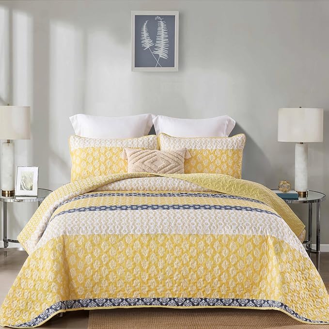 Cottolester Boho Full Size Quilt Set, Yellow Striped Bedspread Bedding | Soft Microfiber Coverlet,Breathable All-Season,Machine Washable,3-Piece Set,Fits King 90"x78",Cozy Essential for Men Women