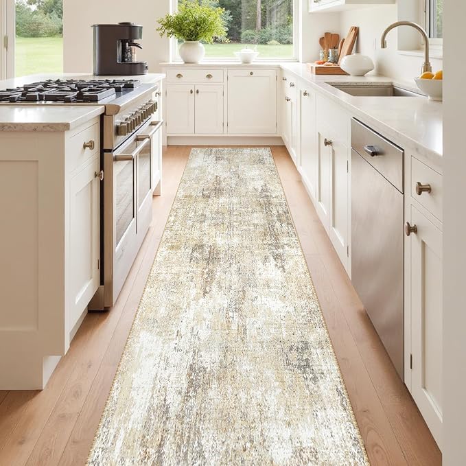 RELEANY Washable Runner 2'x10' Abstract Area Rug for Hallway Neutral Brown | Carpet for Kitchen, Entryway, Bathroom, Living Room, Bedroom, Printed Pattern, Non‑Slip, Soft, Stain‑Resistant, Easy to Clean