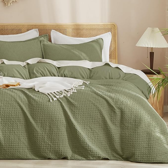 PHF Waffle Duvet Cover California King,Soft Breathable,104"x98",Olive Green | 300GSM Fabrie，No Snagging Textured Honeycomb Comforter Cover for All Season 3pcs, Durable Bedding Duvet Set, Home Decor Gift